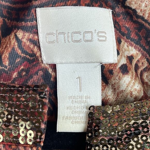 Chicos Top Women 1 US M Multi Animal Paisley Satin Sequin Neck Blouse Tie Hem - Picture 6 of 10